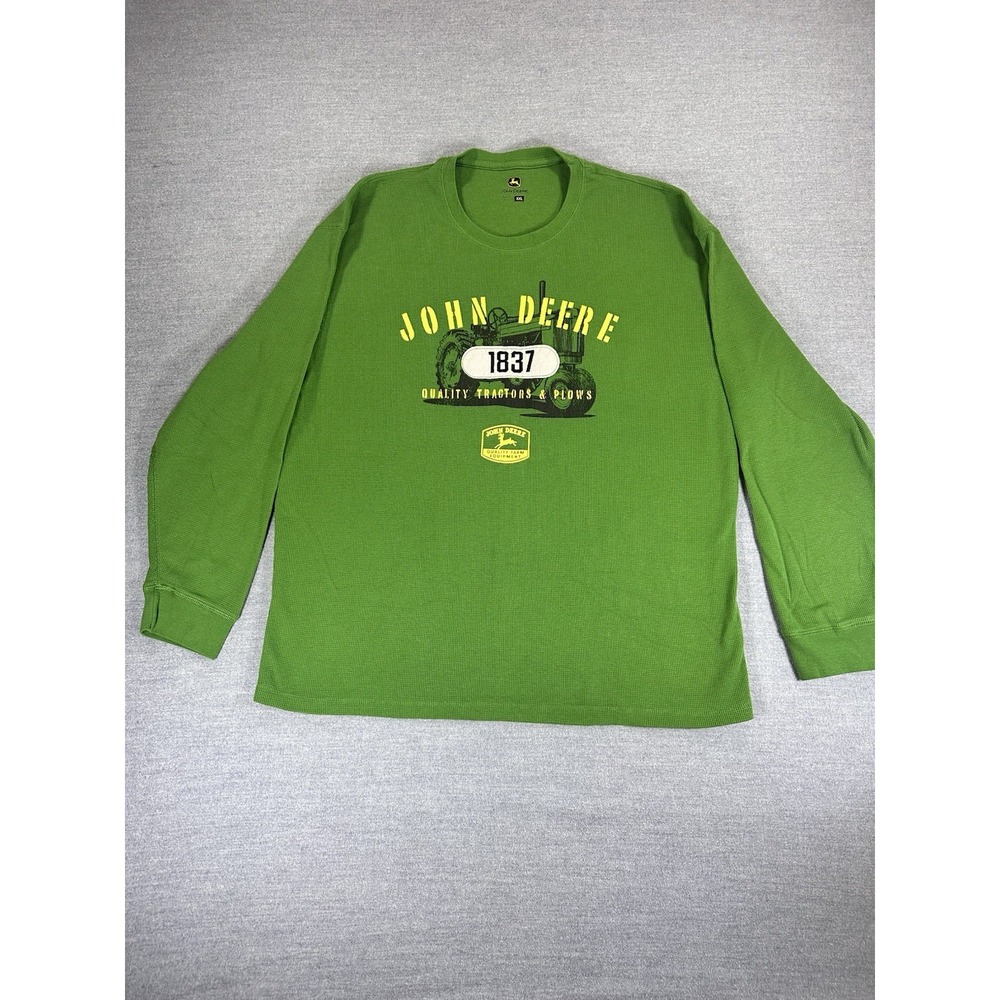 John Deere Mens XXL Green Thermal Waffle Knit Long Sleeve Tractor 1837 Shirt